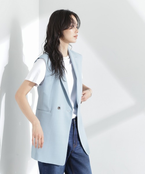 NANO universe（ナノユニバース）の「メランジドライ テーラードダブルジレ(セットアップ可)（テーラードジャケット・レディース・ライトブルー/ブラック/ライトベージュ・FREE）」の4枚目の写真