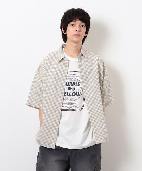 Purple&Yellow（パープルアンドイエロー）の「シアサッカーチェックシャツ（シャツ/ブラウス・メンズ・ブラック/アイボリー・MEDIUM/SMALL/LARGE）」の2枚目の写真