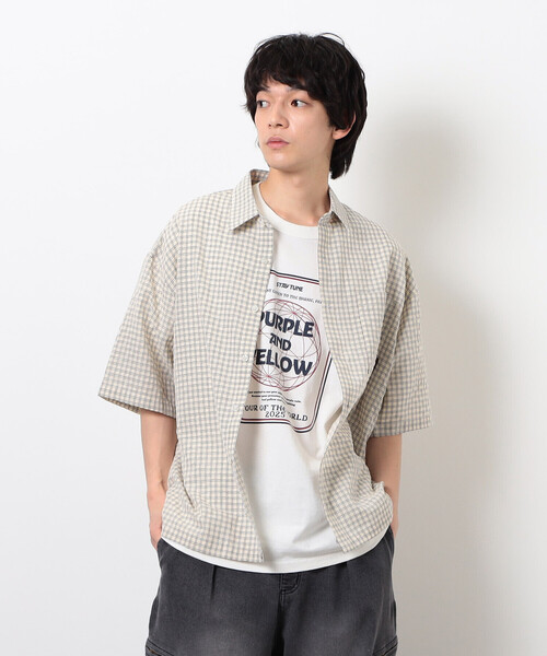 Purple&Yellow（パープルアンドイエロー）の「シアサッカーチェックシャツ（シャツ/ブラウス・メンズ・ブラック/アイボリー・MEDIUM/SMALL/LARGE）」の5枚目の写真