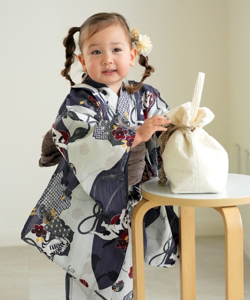 セール】キッズ浴衣3点セット ニコアンティーク 染め分け灰紫に