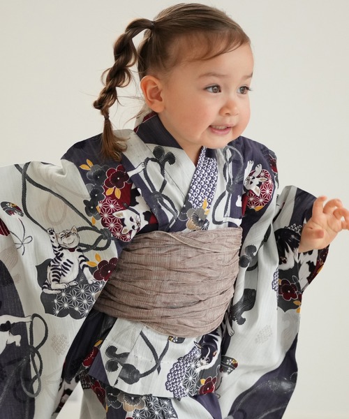ニコアンティーク　utatane キッズ浴衣 utatane｜ニコアンティーク 子供浴衣3点セット 黄色と墨色の立沸
