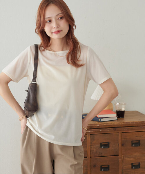 DISCOAT(ディスコート)の「ベロア5分袖Tシャツ(Tシャツ/カットソー・レディース・ピンク/ブラウン/アイボリー/ネイビー・FREE)」の10枚目の写真