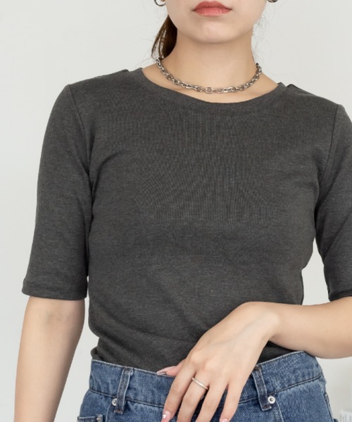 RCD(アールシーディー)の「コットンフライス5分袖Tシャツ(Tシャツ/カットソー・レディース・ブラック/チャコールグレー/杢グレー/オフホワイト/ネイビー・LL/M/L/4L/3L)」の3枚目の写真