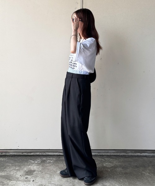 ISOOK（アイスー）の「【ISOOK / アイスー】ダブルウエストワイドスラックス / ダブルウエスト レイヤードパンツ スラックス フルレングス ハイウエスト トラウザー ルーズ ワイド 無地 アイボリー ブラック 白 黒 ZOZOTOWN限定（スラックス・レディース・ブラック/アイボリー・FREE）」の3枚目の写真