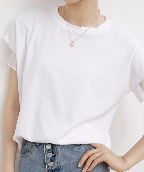maison de LATIR(メゾンドラティール)の「着回し力抜群なチュールフリル袖Tシャツ(Tシャツ/カットソー・レディース・ホワイト/ネイビー/ブラック/グレー/ブラウン・L/M)」の8枚目の写真
