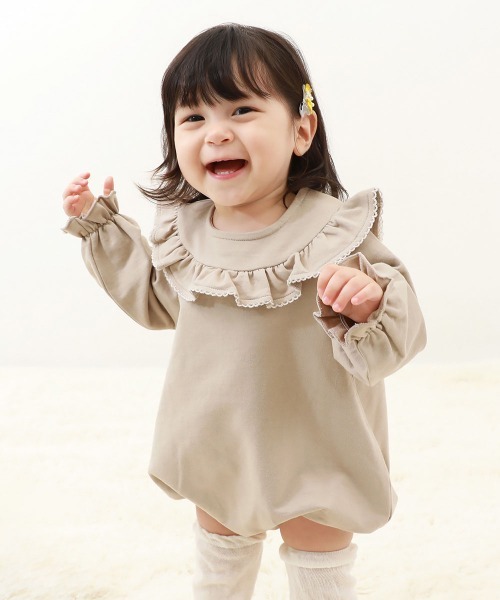 devirock（デビロック）の「綿100%  フリル スウェットロンパース（ロンパース・キッズ・ブラウン/グレイッシュベージュ/パープル系その他・80ｃｍ/70cm）」の3枚目の写真