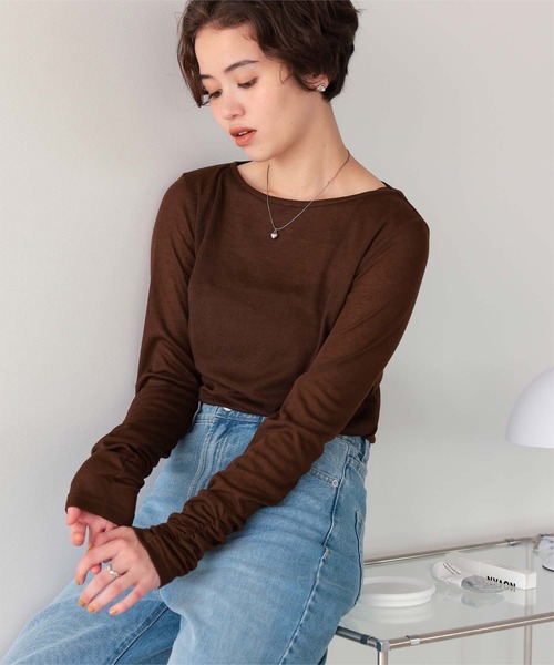 セール】着心地抜群シアーボートネックトップス（Tシャツ/カットソー