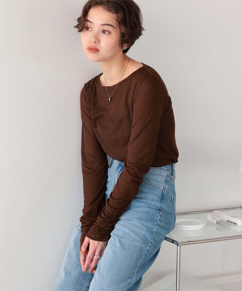 titivate(ティティベイト)の「着心地抜群シアーボートネックトップス(Tシャツ/カットソー・レディース・ネイビー/ライトグリーン/ブラウン/オフホワイト/杢グレー/ブラック・L/M/S)」の10枚目の写真