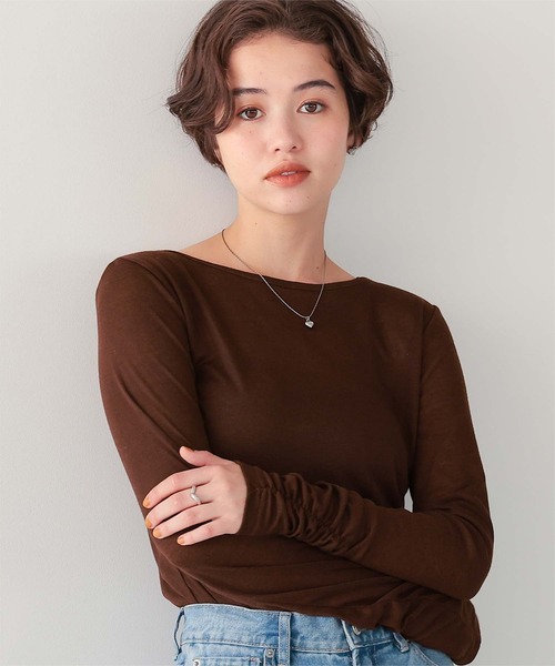 titivate(ティティベイト)の「着心地抜群シアーボートネックトップス(Tシャツ/カットソー・レディース・ネイビー/ライトグリーン/ブラウン/オフホワイト/杢グレー/ブラック・L/M/S)」の12枚目の写真