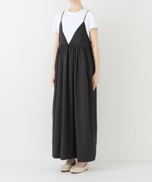 SLOBE IENA タフタ ギャザーキャミワンピース ブラック SLOBE IENA｜《WEB限定/追加》タフタギャザーキャミワンピース