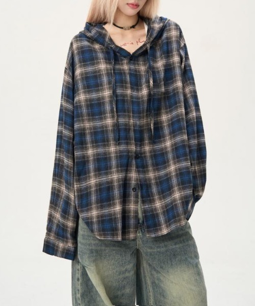 lilful(リルフル)の「フーデッドチェックビッグシルエットシャツ(シャツ/ブラウス・メンズ・ブルー・S/M)」の12枚目の写真