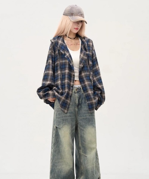 lilful(リルフル)の「フーデッドチェックビッグシルエットシャツ(シャツ/ブラウス・メンズ・ブルー・S/M)」の13枚目の写真