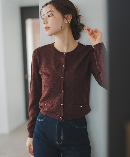 MISCH MASCH(ミッシュマッシュ)の「アーガイルカーディガン(カーディガン/ボレロ・レディース・ピンク/ブラウン/ホワイト・フリ-)」の1枚目の写真