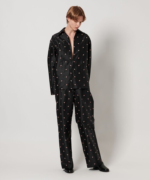 ロエフ LOEFF ブラック シャツ タフタ プルオーバー五分袖ブラウス