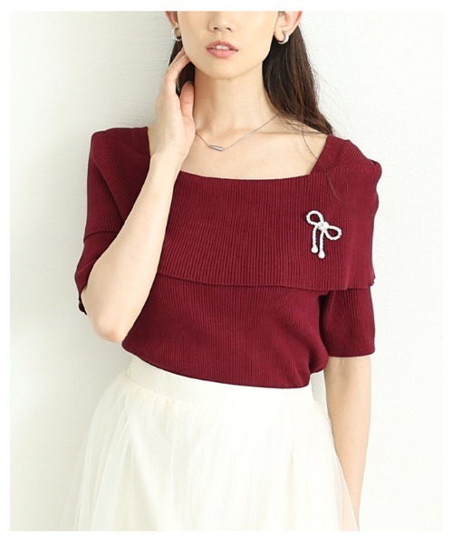 Sawa a la mode（サワアラモード）の「オフショルリブニット半袖トップス（ニット/セーター・レディース・オフホワイト/ブラック/ワインレッド・FREE）」の6枚目の写真
