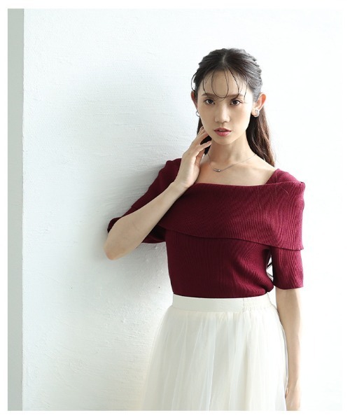 Sawa a la mode（サワアラモード）の「オフショルリブニット半袖トップス（ニット/セーター・レディース・オフホワイト/ブラック/ワインレッド・FREE）」の9枚目の写真