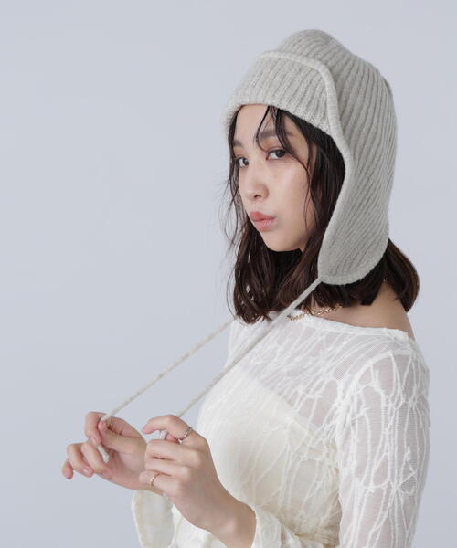 FREE'S MART（フリーズマート）の「◆リブニットフライト帽（ニットキャップ/ビーニー・レディース・ブラック/ホワイト/ブラウン・ﾌﾘ-）」の14枚目の写真