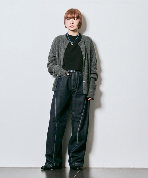 CITYSHOP（シティーショップ）の「LONG LONG SLEEVE カーディガン：ニット（ニット/セーター・レディース・グレー/レッド・FREE）」の3枚目の写真