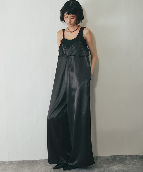 heve★satin all-in-one ブラック(タグ付き) セール】サテンビスチェキャミオールインワン（つなぎ/オールインワン