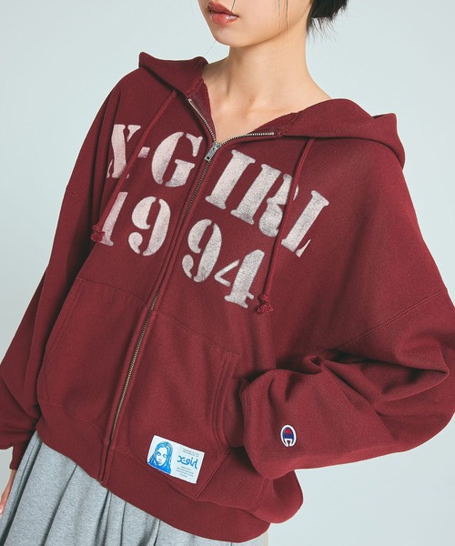 X-girl x Champion REVERSE WEAVE R STENCIL LOGO ZIP UP HOODIE