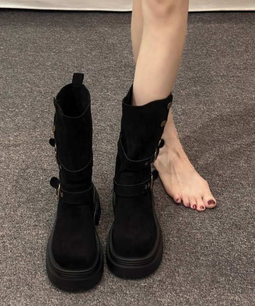 セール】2WAY レトロ厚底 ダブルバックルウエスタンブーツ（ブーツ