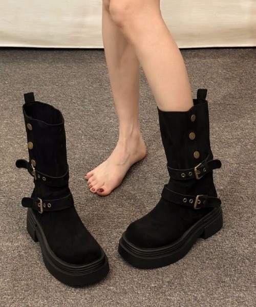 セール】2WAY レトロ厚底 ダブルバックルウエスタンブーツ（ブーツ
