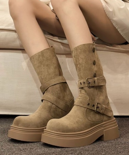 セール】2WAY レトロ厚底 ダブルバックルウエスタンブーツ（ブーツ