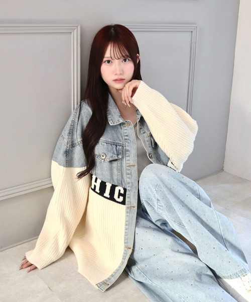 CECIL McBEE（セシルマクビー）の「ニットｘデニムBIGジャケット（その他アウター・レディース・アイボリー/ブラック/ベージュ・MEDIUM）」の2枚目の写真