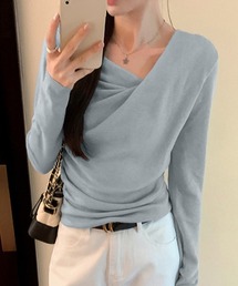長袖ドレープニットトップス Vネック秋冬