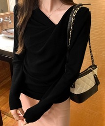 長袖ドレープニットトップス Vネック秋冬
