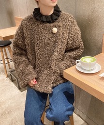 ISOOK（アイスー）の「ウッドビーズノーカラーボアコート (comochi original) / ボアアウター ボアジャケット モコモコアウター プードル プードルファー  ショートコート（ノーカラーコート）」