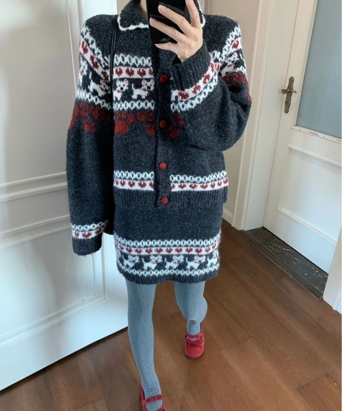 【新品同様】ドゥロワー ノルディック柄 ウール ニット 黒　1　Drawer WOMEN】【ウォッシャブル】ノルディック柄裏付き ニット