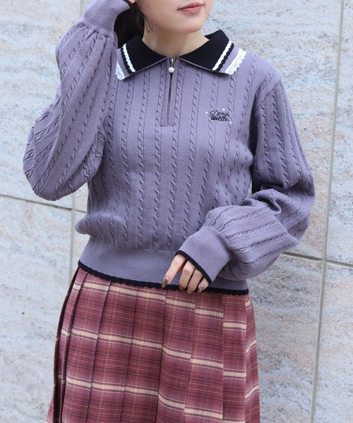 axes femme(アクシーズファム)の「レース×バイカラーニットポロ(ニット/セーター・レディース・チャコール/キナリ/ワイン・FREE)」の1枚目の写真