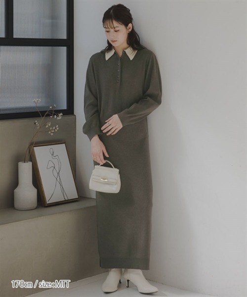 slattgir(スラットジール)の「高身長 配色ポロニットワンピース(トールサイズ)Essenave(ワンピース・レディース・グレー系/ブラック系・TM/T3L/TLL/TL)」の3枚目の写真