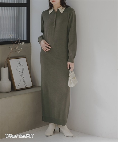 slattgir(スラットジール)の「高身長 配色ポロニットワンピース(トールサイズ)Essenave(ワンピース・レディース・グレー系/ブラック系・TM/T3L/TLL/TL)」の4枚目の写真