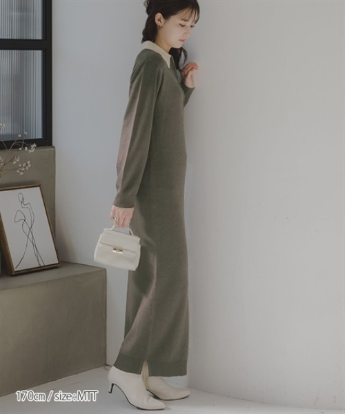 slattgir(スラットジール)の「高身長 配色ポロニットワンピース(トールサイズ)Essenave(ワンピース・レディース・グレー系/ブラック系・TM/T3L/TLL/TL)」の5枚目の写真