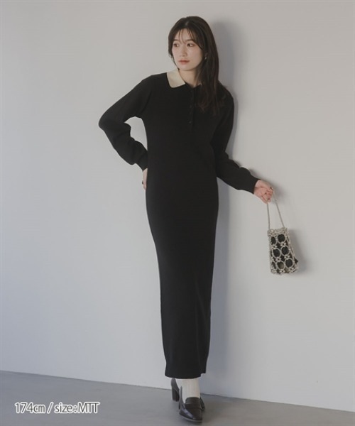 slattgir(スラットジール)の「高身長 配色ポロニットワンピース(トールサイズ)Essenave(ワンピース・レディース・グレー系/ブラック系・TM/T3L/TLL/TL)」の7枚目の写真