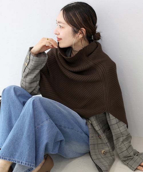 アンチピリングリブ編みケープスヌード（ネックウォーマー/スヌード