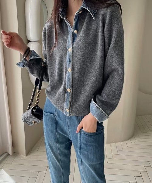 FAVORITO(ファヴォリート)の「ニット切り替えデニムシングルブレストジャケット(ニット/セーター・レディース・ライトグレー/ブラウン/ダークグレー/ネイビー・F)」の3枚目の写真
