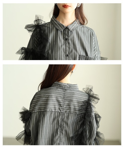 Sawa a la mode(サワアラモード)の「チュールフリルロングストライプシャツ(シャツ/ブラウス・レディース・オフホワイト/ブラック・FREE)」の7枚目の写真
