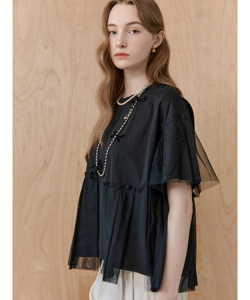 MAXZA(マージャコレクション)の「メッシュプリーツ配色半袖Tシャツ(Tシャツ/カットソー・レディース・ブラック・FREE)」の2枚目の写真