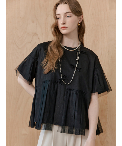 MAXZA(マージャコレクション)の「メッシュプリーツ配色半袖Tシャツ(Tシャツ/カットソー・レディース・ブラック・FREE)」の3枚目の写真