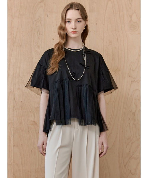 MAXZA(マージャコレクション)の「メッシュプリーツ配色半袖Tシャツ(Tシャツ/カットソー・レディース・ブラック・FREE)」の4枚目の写真