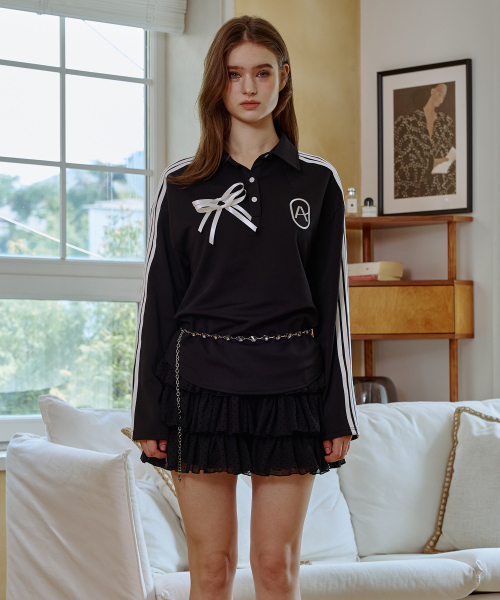RIBBON JERSEY COLLAR T‑SHIRT / BLACK