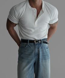 BOWLOW PRODUCT（バウロープロダクト）の「パターンマッスルヘンリーネック半袖ニットTシャツ[アイボリー]（Tシャツ/カットソー）」