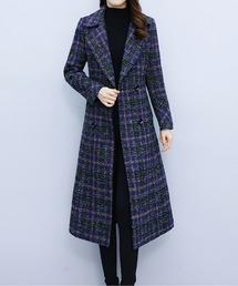 ロングコート ベルト付 ロング丈 チェック柄」に該当するファッション