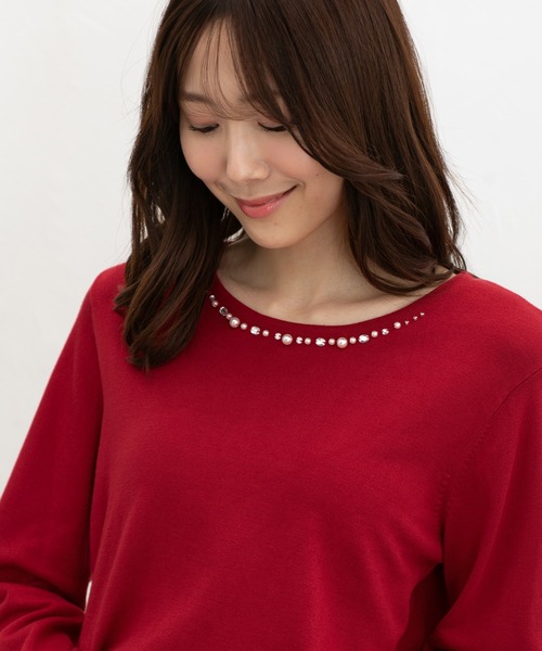 Honeys(ハニーズ)の「【UVカット】ビジュー付ニット(ニット/セーター・レディース・ラベンダー/レッド/アイボリー/ブラック・L/LL/M/S)」の4枚目の写真