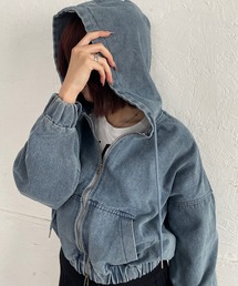 フード付きショートデニムジップブルゾン