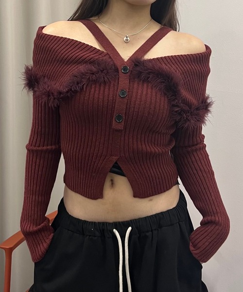 Nu（ニュー）の「【Nu】ファーカラーニット（ニット/セーター・レディース・ブラック/ボルドー/ライトグレー・MEDIUM）」の10枚目の写真