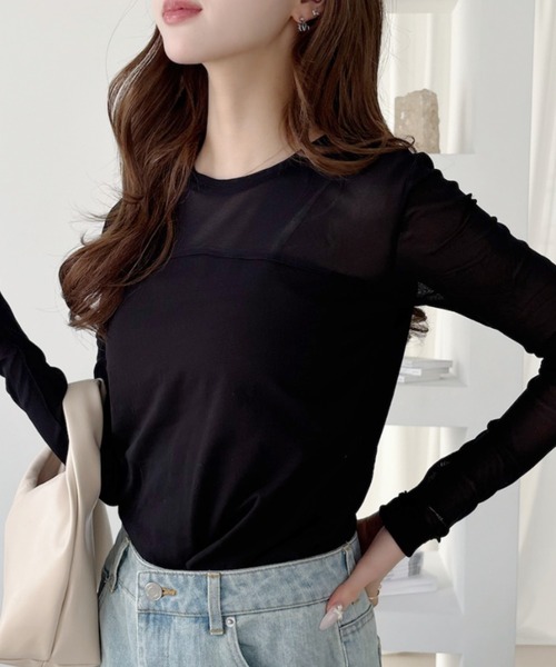 Ada.(エイダ)の「異素材 ドッキング シアー プルオーバー(Tシャツ/カットソー・レディース・ブラック/オフホワイト/ライトグレー・FREE)」の12枚目の写真